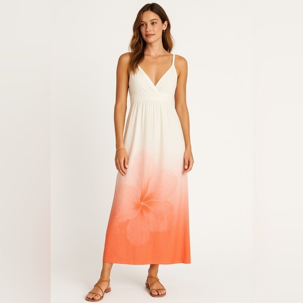 Tori Richard White Coral Ombre Silk Cotton Floral Print Maxi Dress Size 8 Summer